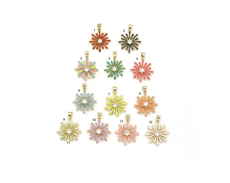 Colorful enamel daisy flower pendant with CZ stone, 18K gold-filled charm for necklace or bracelet, by Bestbeads&Beyond.