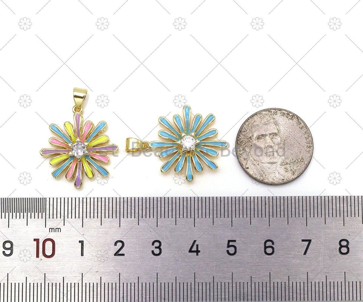 Colorful enamel daisy flower pendant with big CZ stone on 18K gold-filled charm, ideal for necklaces or bracelets.