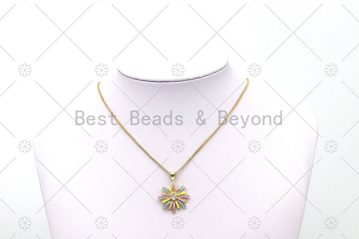 Colorful enamel daisy flower pendant with big CZ stone, 18K gold filled charm for necklace or bracelet.