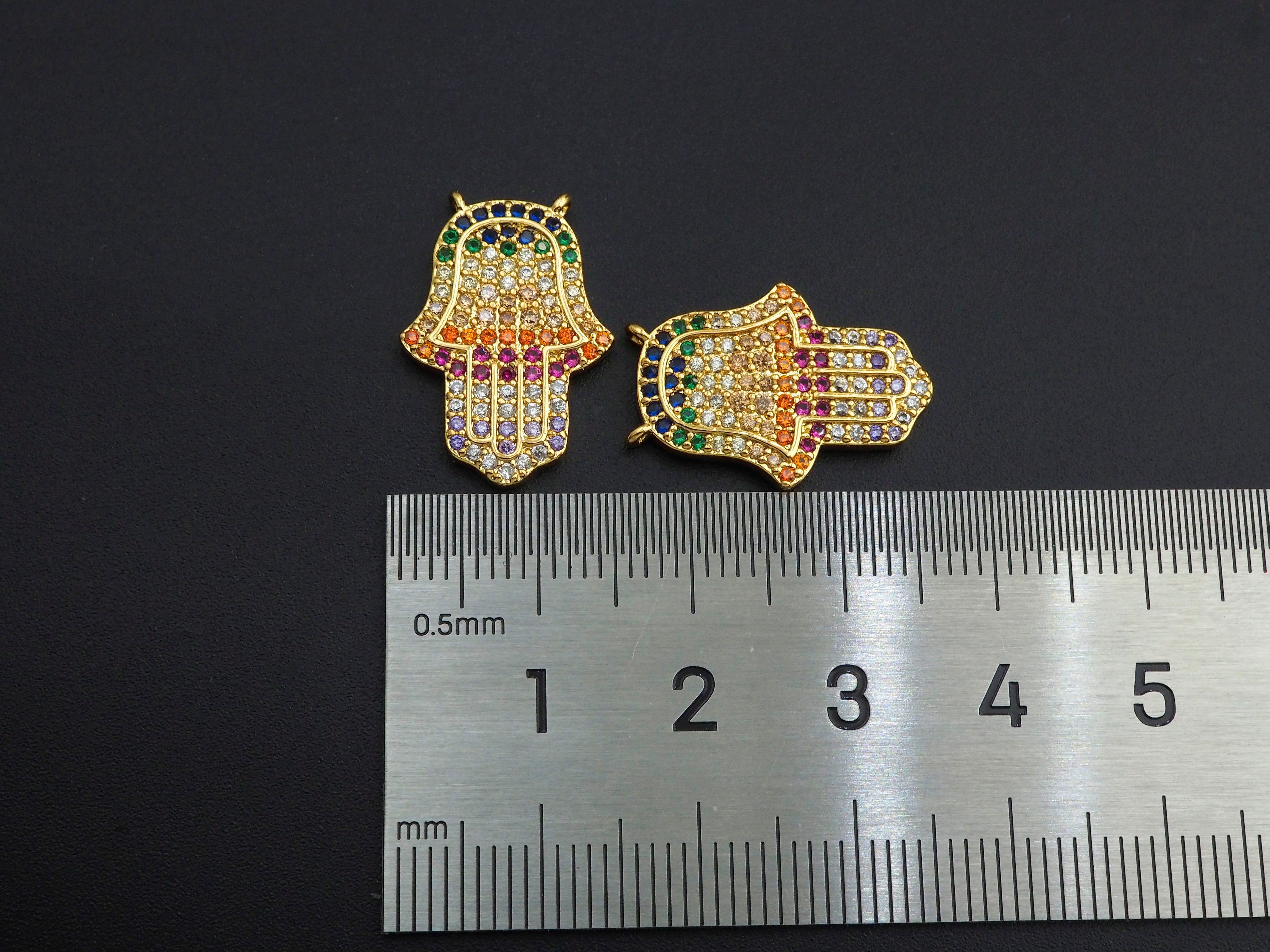 Colorful CZ micro pave Hamsa Hand charm, 14x21mm, for necklace or bracelet, from Bestbeads&Beyond, featuring cubic zirconia accents.