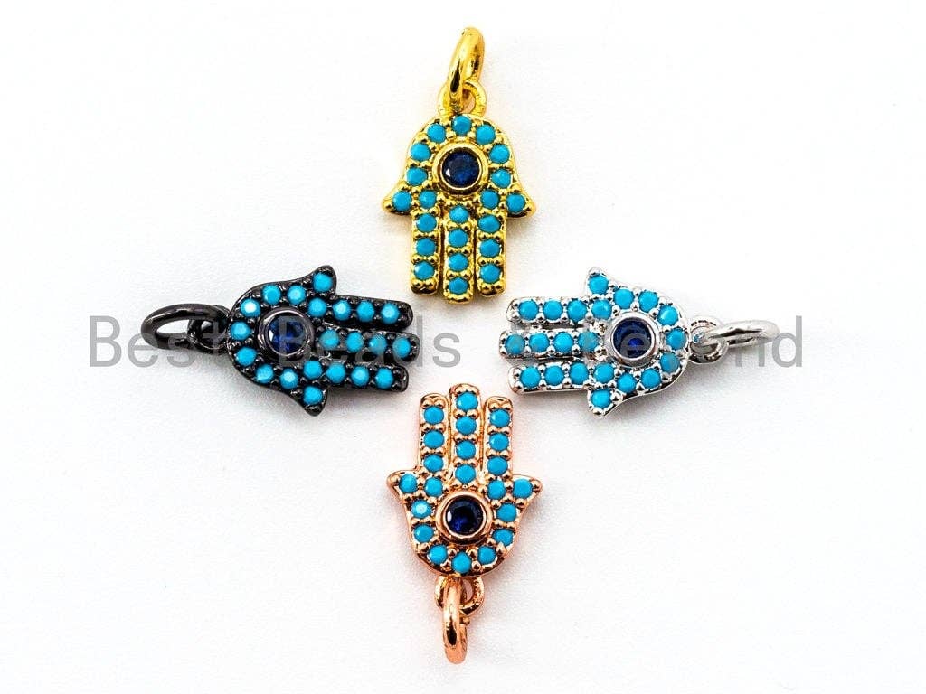 Blue Hamsa Hand evil eye pendant charm with turquoise cubic zirconia, 9x13mm, for bracelets, by Bestbeads & Beyond.