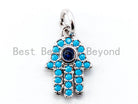 Bestbeads&Beyond CZ Micro Pave Blue Hamsa Hand Evil Eye Pendant, turquoise cubic zirconia, 9x13mm charm for bracelets.