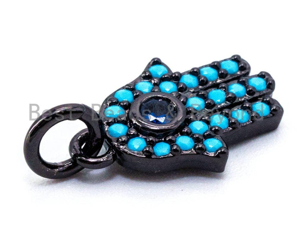Blue Hamsa Hand evil eye pendant charm with turquoise cubic zirconia, 9x13mm, from Bestbeads&Beyond.