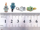 Blue Hamsa hand evil eye pendant charm with turquoise cubic zirconia, 9x13mm, for bracelets, by Bestbeads&Beyond.