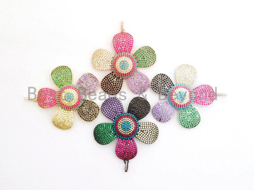 Large 58mm multi-color CZ micro pave plum flower pendant in gold, silver, rose gold, and gunmetal with cubic zirconia details.