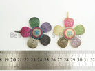 Large 58mm multi-color CZ plum flower pendant in gold, silver, rose gold, and gunmetal with micro pave cubic zirconia detail.