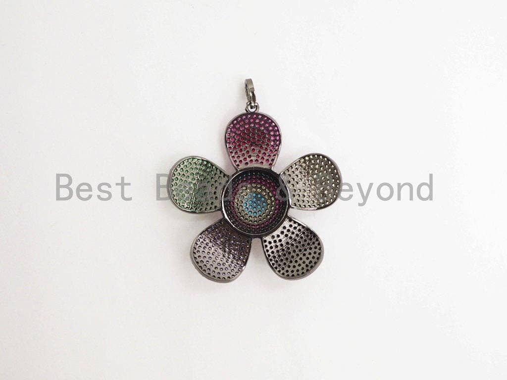 Large 58mm multi-color CZ plum flower pendant by Bestbeads & Beyond, with micro pave cubic zirconia in gold, silver, rose gold, and gunmetal.