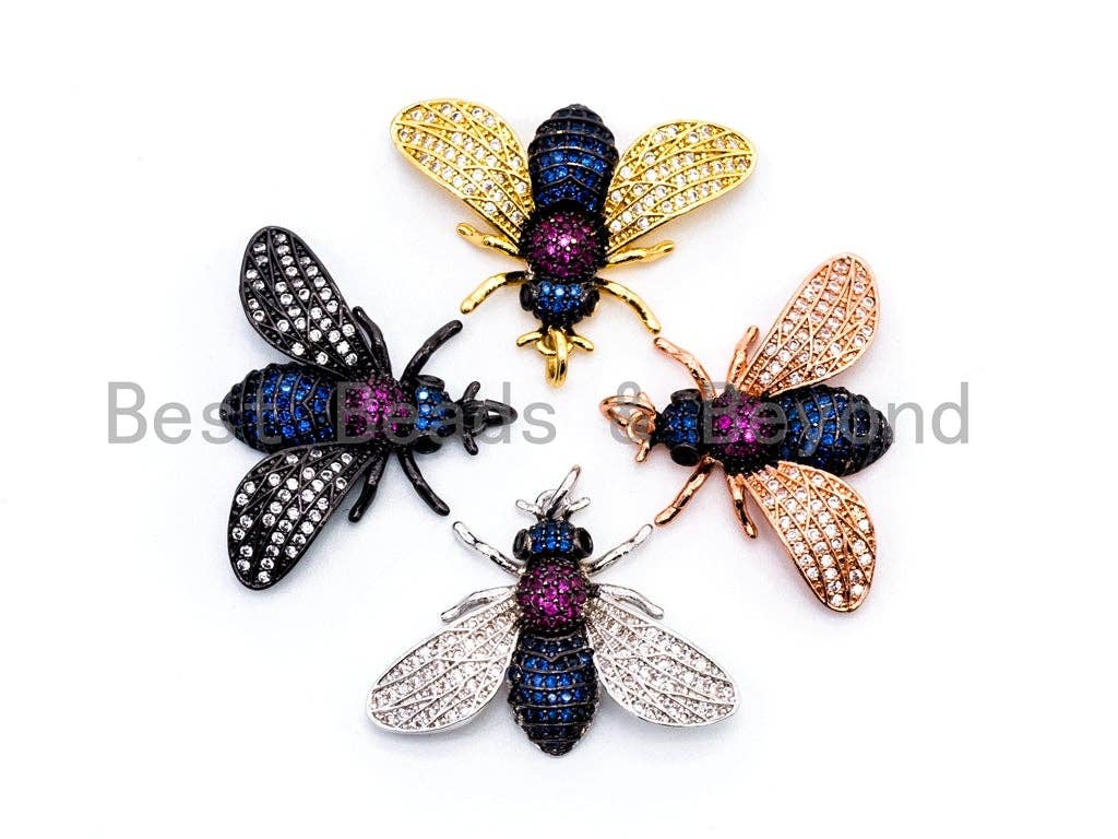 Black bee-inspired charm pendant with multicolor cubic zirconia micro pave, gold, rose gold, silver, and black finishes, 21x29mm.