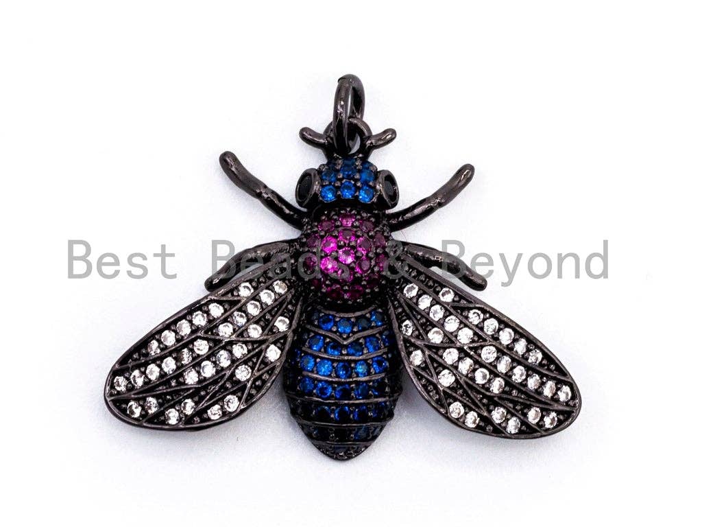 Black bee-inspired charm pendant with multicolor CZ micro pave, available in gold, rose gold, silver, and black finishes.