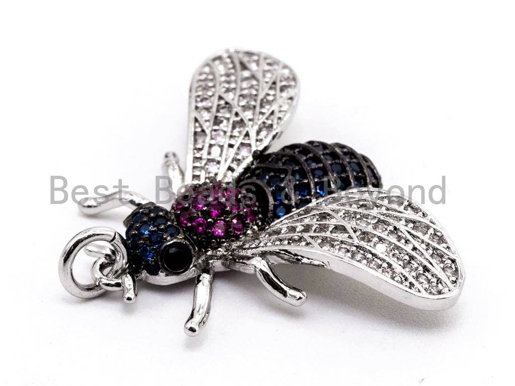 Black bee-inspired charm pendant with multicolor CZ micro pave, crafted in gold, rose gold, silver, or black, 21x29mm.