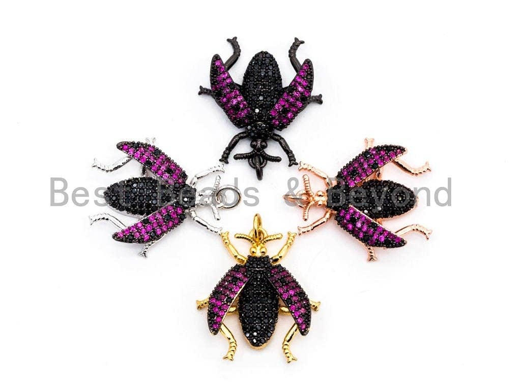 Black beetle-inspired charm with pink cubic zirconia micro pave, gold, rose gold, silver, or black finish, 23x25x6mm.