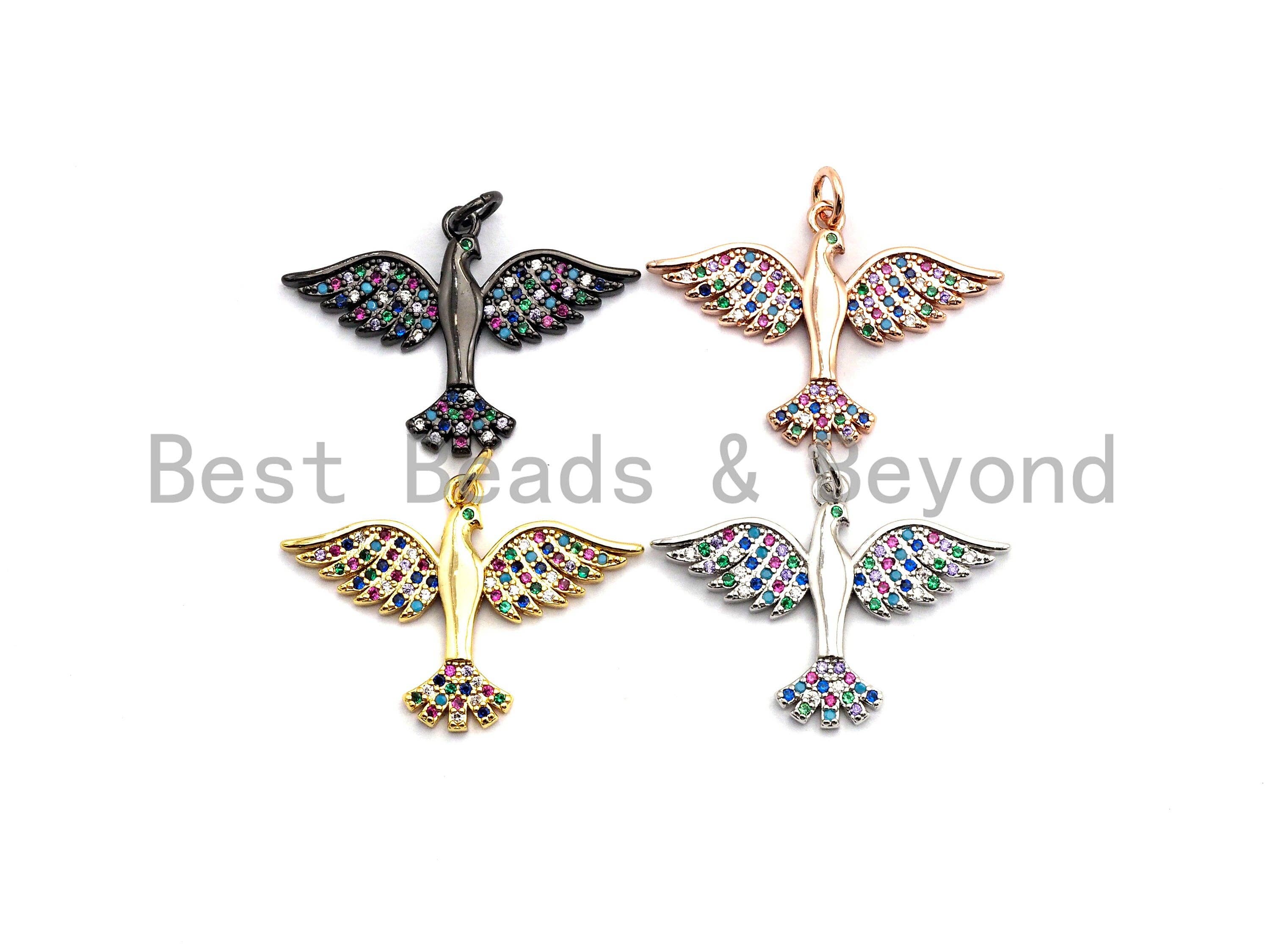 Colorful CZ micro pave bird pendant in gold, rose gold, silver, or gunmetal plating, 29x21mm, from Bestbeads&Beyond.