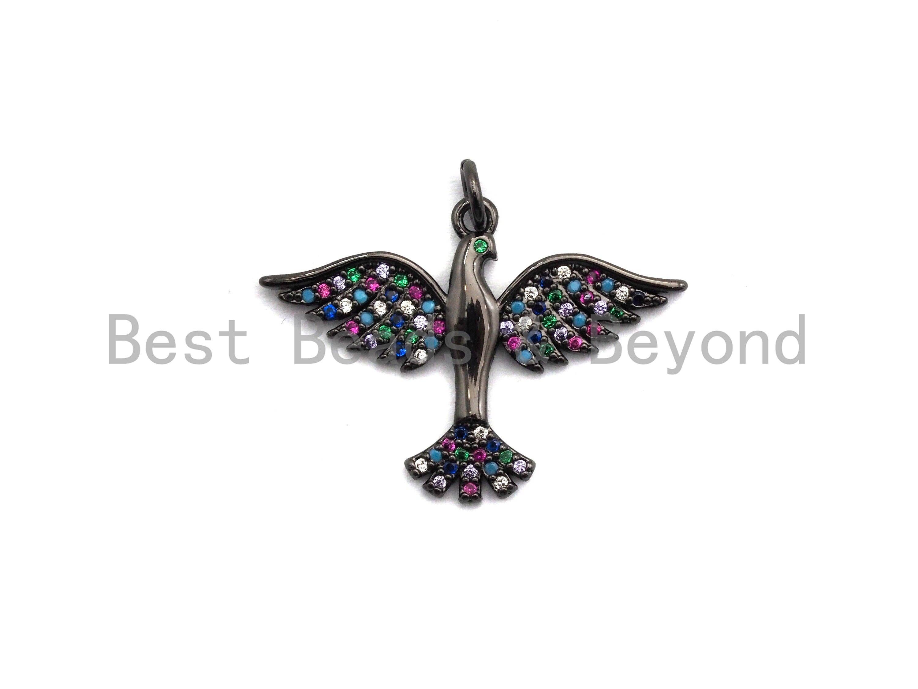 Colorful CZ micro pave bird pendant in gold, rose gold, silver, or gunmetal plating, 29x21mm, detailed charm jewelry piece.