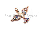 Colorful CZ micro pave bird pendant in gold, rose gold, silver, or gunmetal plating, 29x21mm, with intricate sparkling details.