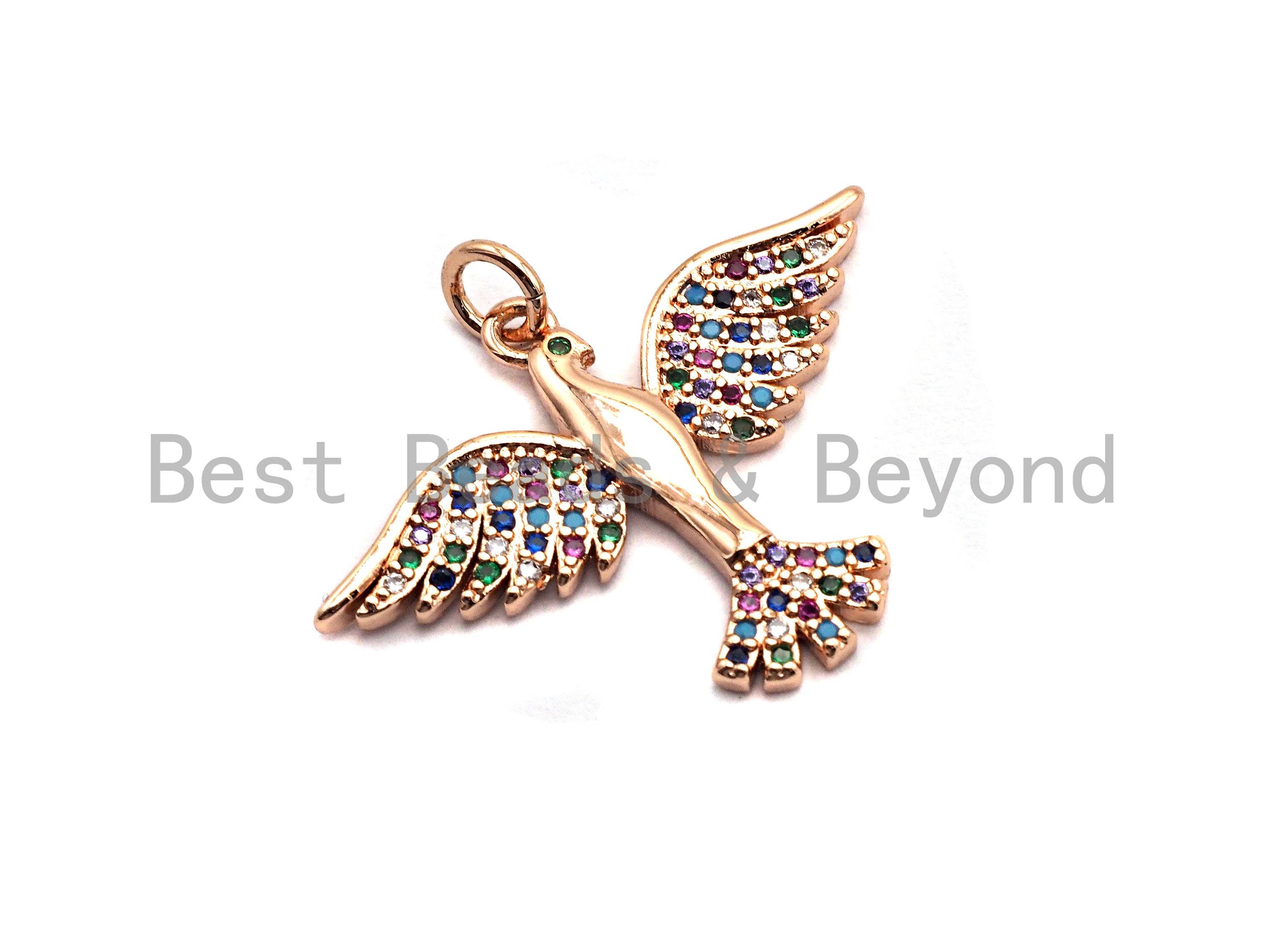 Colorful CZ micro pave bird pendant in gold, rose gold, silver, or gunmetal plating, 29x21mm, with intricate sparkling details.