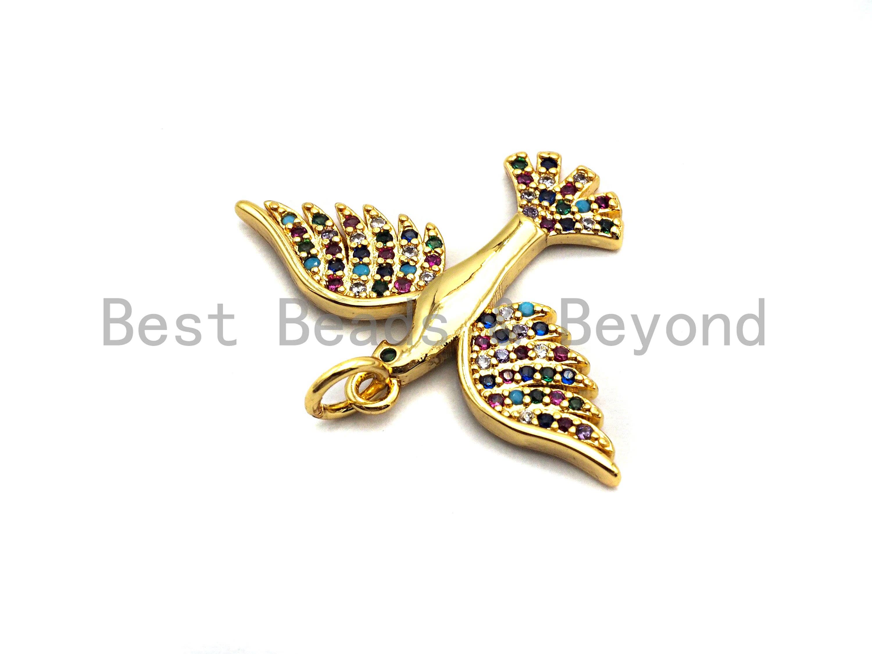 Colorful CZ micro pave bird pendant in gold, rose gold, silver, or gunmetal finish, 29x21mm, decorative jewelry charm.