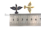 Colorful CZ Micro Pave Bird Pendant in gold, rose gold, silver, or gunmetal plating, 29x21mm, detailed charm jewelry piece.