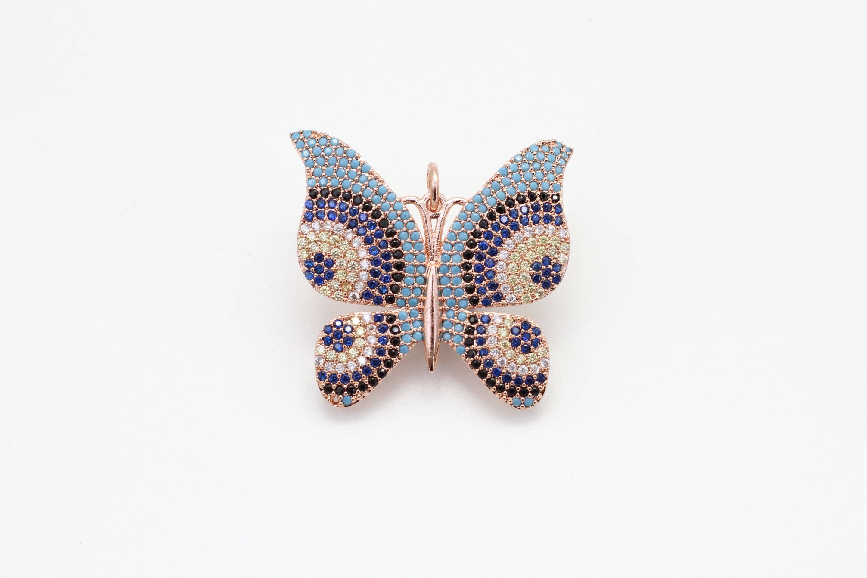 Colorful CZ butterfly pendant with micro pave design, featuring sparkling zirconia and animal charms, Turkish style jewelry.
