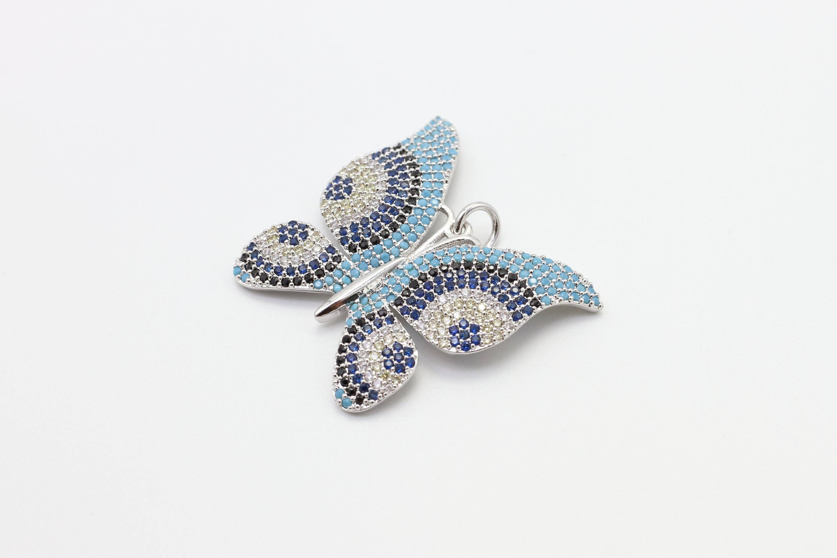 Colorful zirconia butterfly pendant with sparkling CZ, Turkish style charm, 31mm size, black micro pave, from Bestbeads&Beyond.