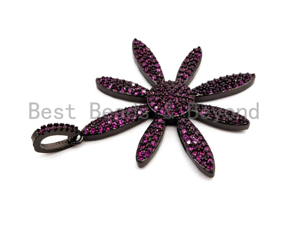 CZ Micro Pave flower pendant in cobalt, fuchsia, green, and black with Gumental plating, 35x37mm, showcasing intricate design.