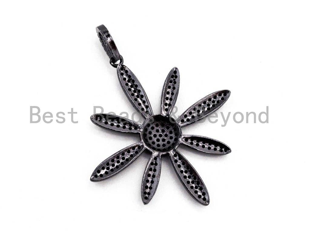 CZ Micro Pave flower pendant in cobalt, fuchsia, green, and black with Gumental plating, 35x37mm, featuring colorful floral design.