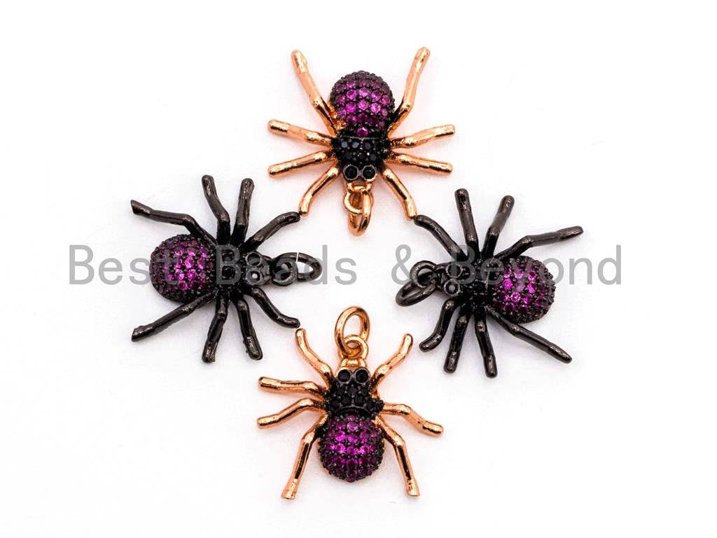 Fuchsia CZ Micro Pave Spider Charm Pendant in gold, rose gold, silver, or black with cubic zirconia, 17x19x5mm.
