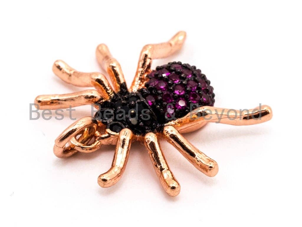 Fuchsia CZ Spider Charm Pendant in gold, rose gold, silver, or black, featuring micro pave cubic zirconia, 17x19x5mm.