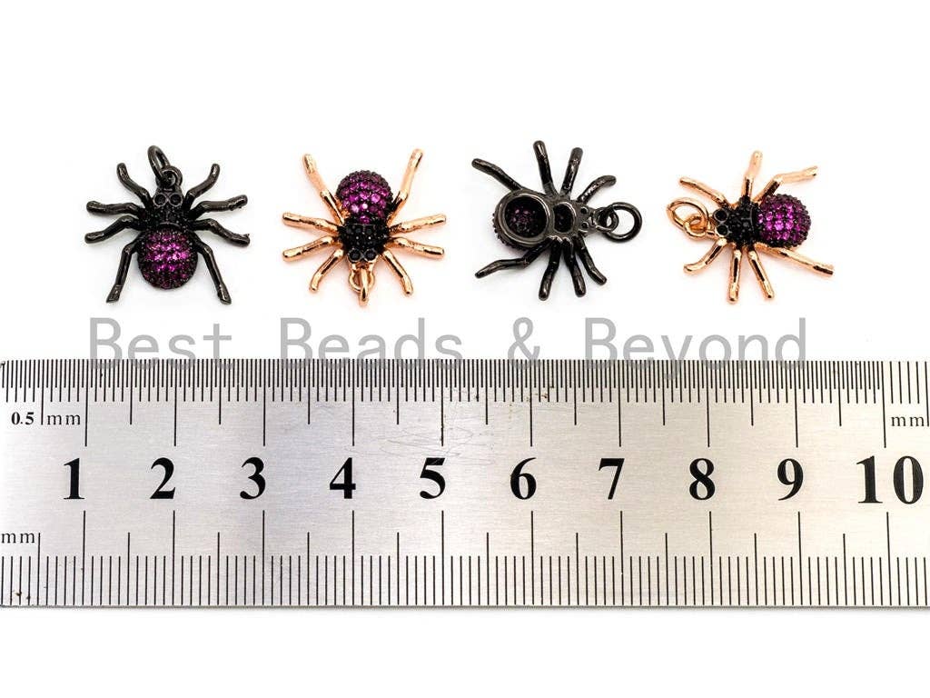 Fuchsia CZ Micro Pave Spider Charm Pendant in gold, rose gold, silver, or black, 17x19x5mm, cubic zirconia insect jewelry.