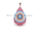 Fuchsia teardrop evil eye pendant by Bestbeads&Beyond with black CZ micro pave, 16x30mm, individual charm for jewelry making.