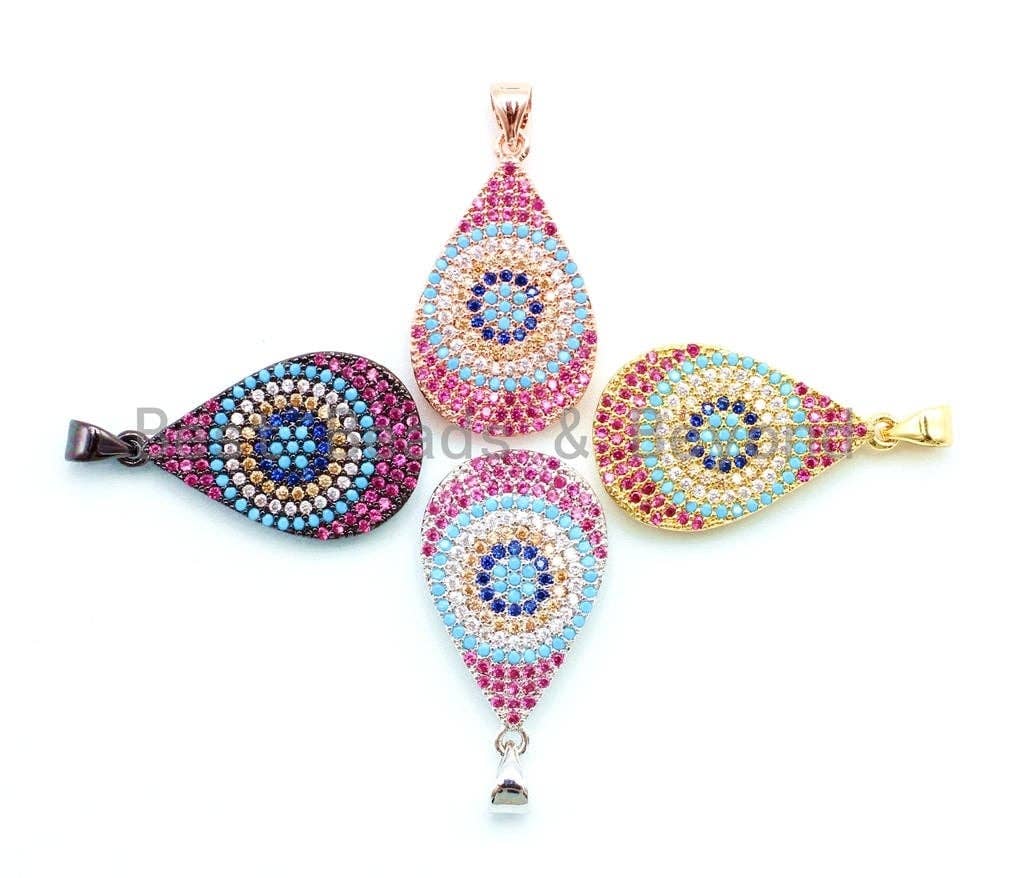 Fuchsia teardrop evil eye pendant with CZ micro pave on silver-tone metal, 16x30mm, from Bestbeads&Beyond.
