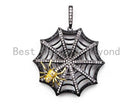 CZ Micro Pave Spider Web Pendant in silver, gold, rose gold, or gunmetal with intricate spider web design, 37x46mm.