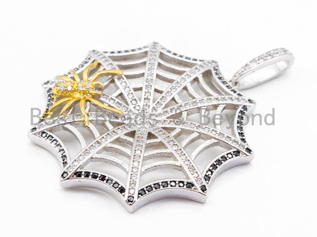 CZ Micro Pave Spider Web Pendant in silver, gold, rose gold, or gunmetal, 37x46mm, detailed Halloween charm.