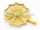 CZ Micro Pave Spider Web Pendant in silver, gold, rose gold, or gunmetal, 37x46mm, featuring a detailed Halloween spider charm.
