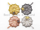 CZ Micro Pave Spider Web Pendant charm in silver, gold, rose gold, or gunmetal, 37x46mm, perfect for Halloween jewelry.
