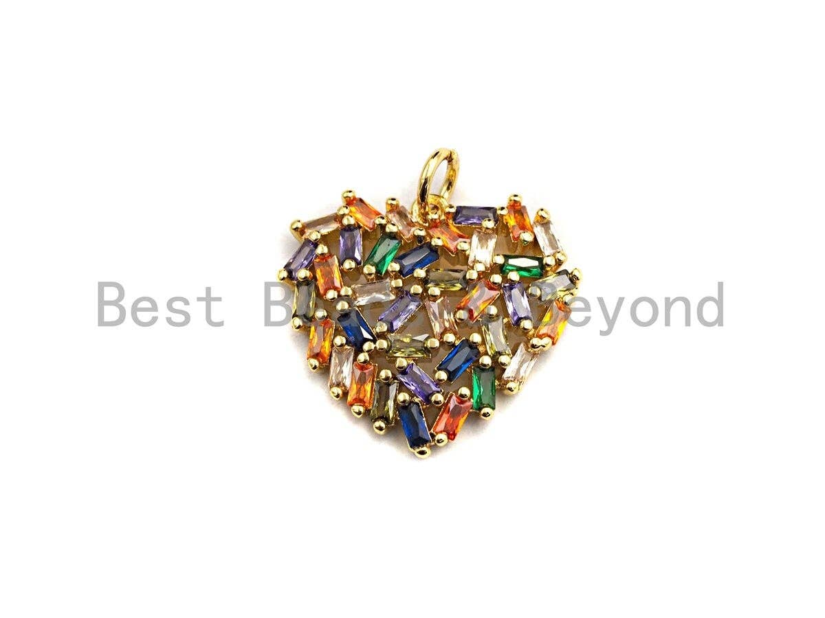 Colorful baguette CZ heart-shaped pendant in gold finish, 21x19mm, ideal for bracelet or necklace from Bestbeads&Beyond.