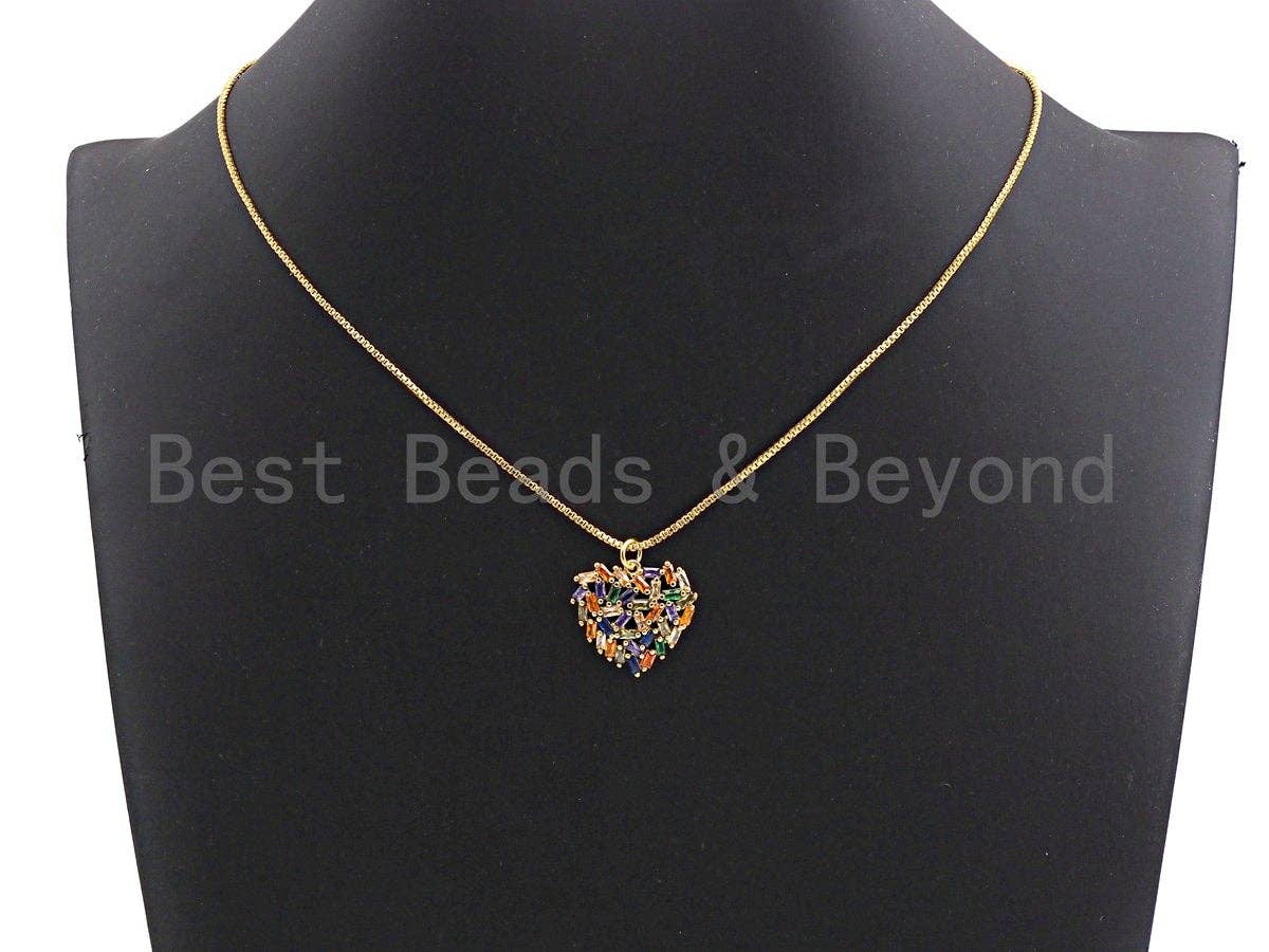 Colorful baguette CZ cluster heart pendant in gold finish, 21x19mm, ideal for bracelet or necklace, from Bestbeads&Beyond.