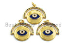 Colorful CZ micro pave round pendant with cobalt evil eye charm, gold-plated, 22x22mm, coin-shaped jewelry accessory.