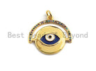 Colorful CZ micro pave round pendant with cobalt evil eye charm, gold-plated, 22x22mm, coin-shaped jewelry piece.