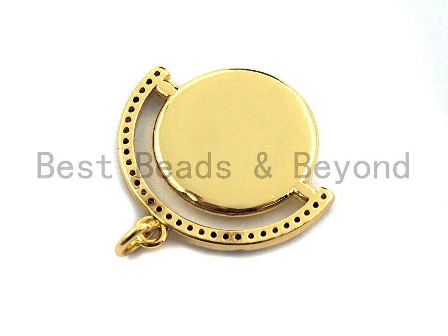 Colorful CZ micro pave round pendant with cobalt evil eye charm, gold plated, 22x22mm coin-shaped jewelry piece.