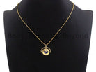 Gold-plated colorful CZ pave round pendant with cobalt evil eye charm, 22x22mm coin-shaped jewelry accessory.