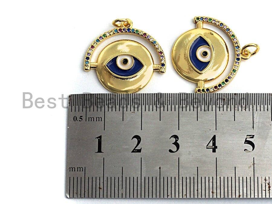 Colorful CZ micro pave round pendant with cobalt evil eye charm, gold plated, 22x22mm coin-shaped charm for jewelry making.