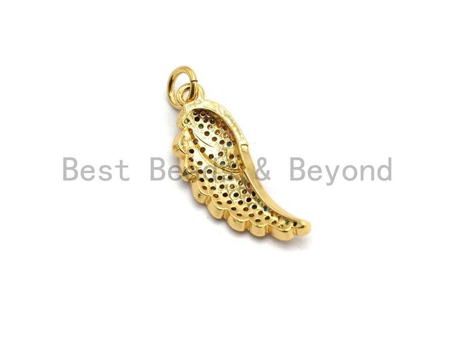 Gold-plated CZ colorful micro pave angel wing pendant, 8x23mm, angel wing-shaped charm for necklaces or jewelry making.