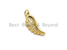 Gold-plated CZ colorful micro pave angel wing pendant, 8x23mm, angel wing-shaped charm for necklaces or jewelry making.