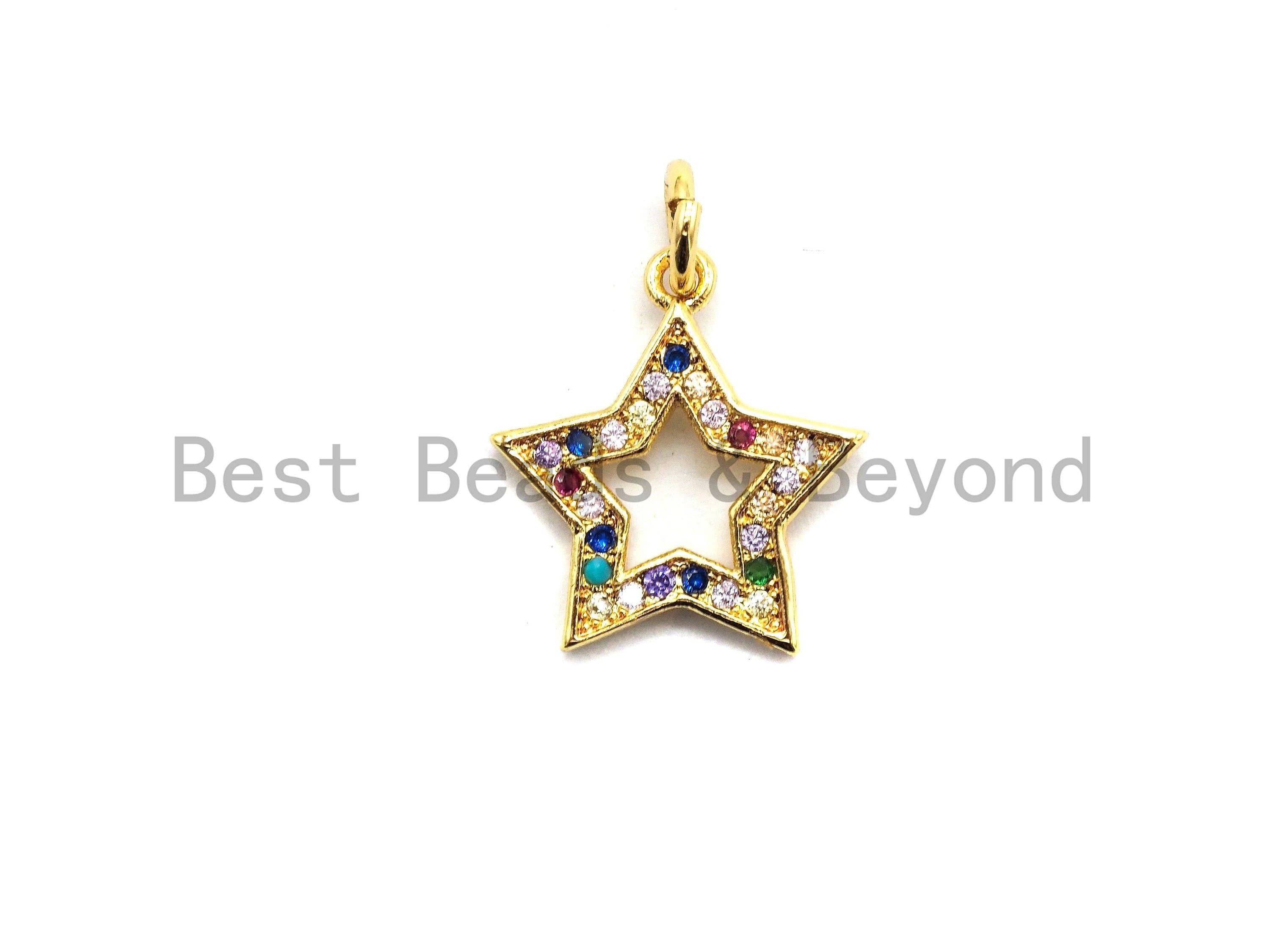 Colorful micro pave five-point star pendant in gold plating, 14x15mm, showcasing detailed star-shaped charm with vibrant CZ stones.