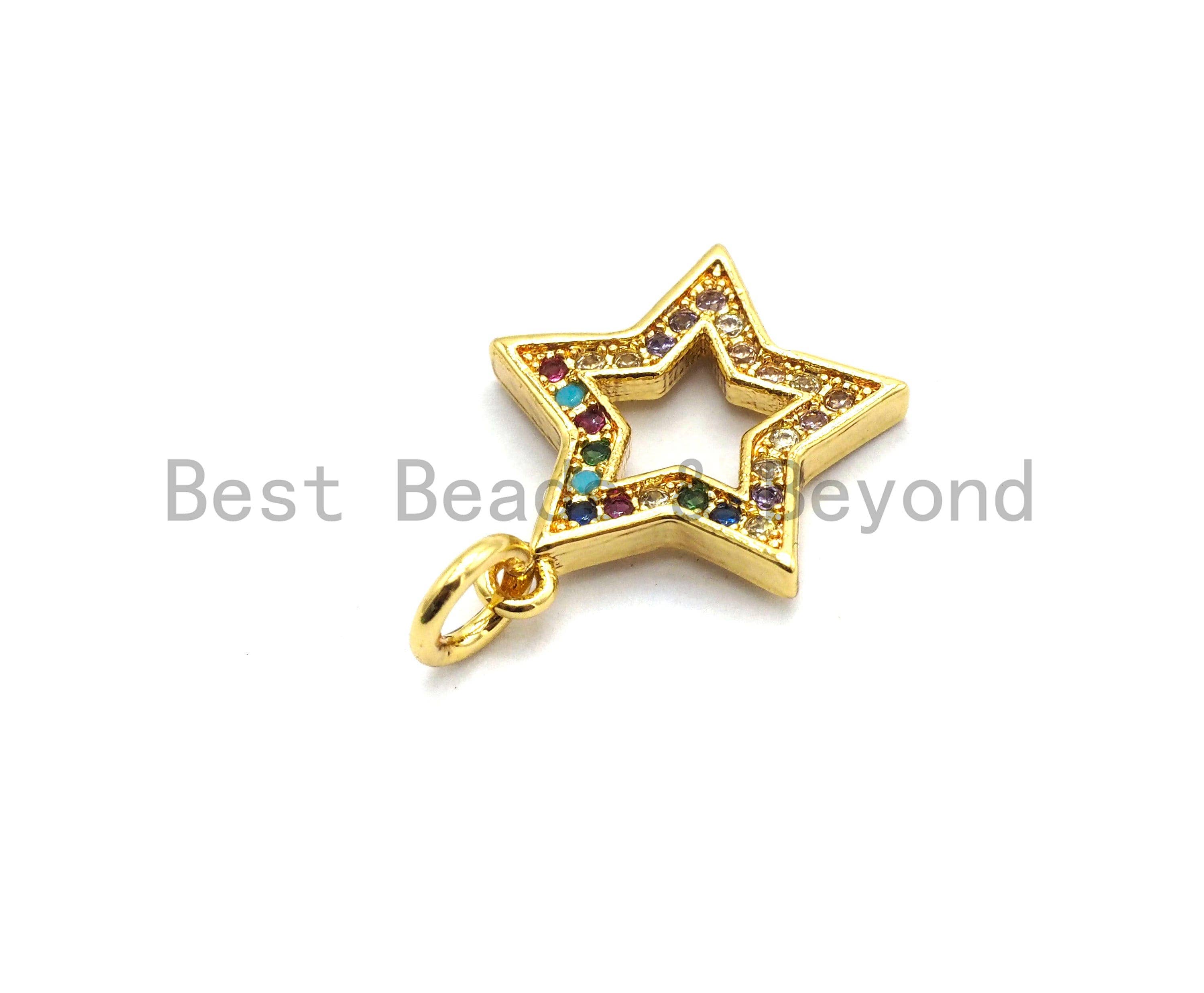 Gold-plated CZ colorful micro pave five-point star pendant, 14x15mm, featuring vibrant stones on a star-shaped charm.