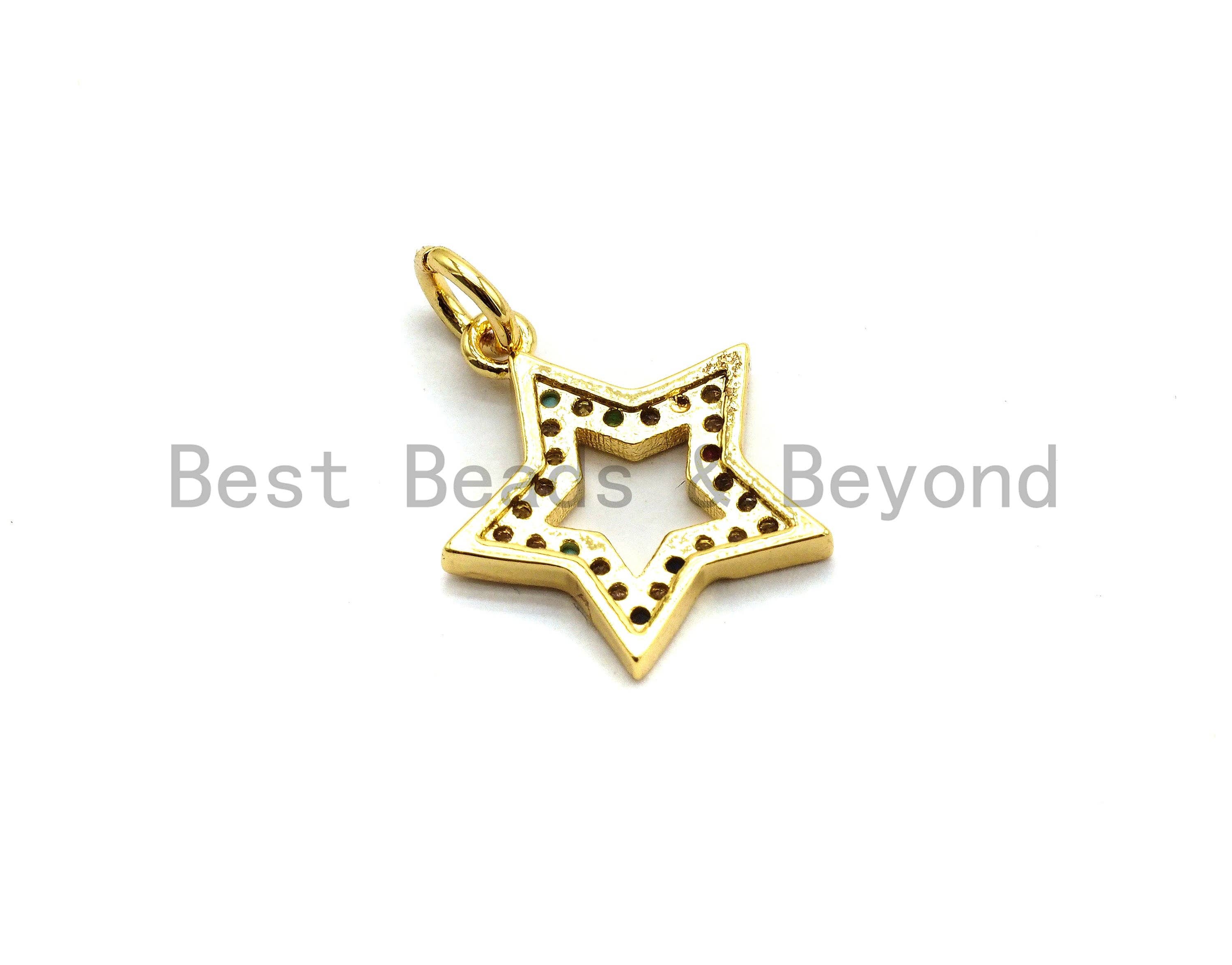 Colorful micro pave five-point star pendant in gold plating, 14x15mm, with sparkling CZ stones, from Bestbeads&Beyond.