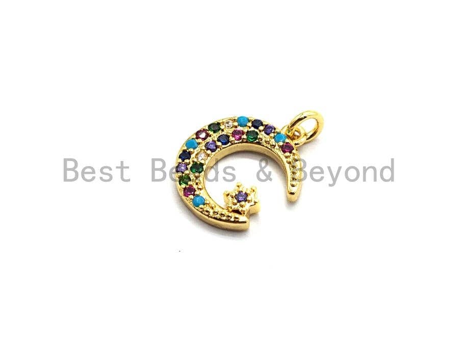 Gold plated CZ colorful micro pave moon and star pendant, 12x14mm, moon star-shaped charm with sparkling stones.