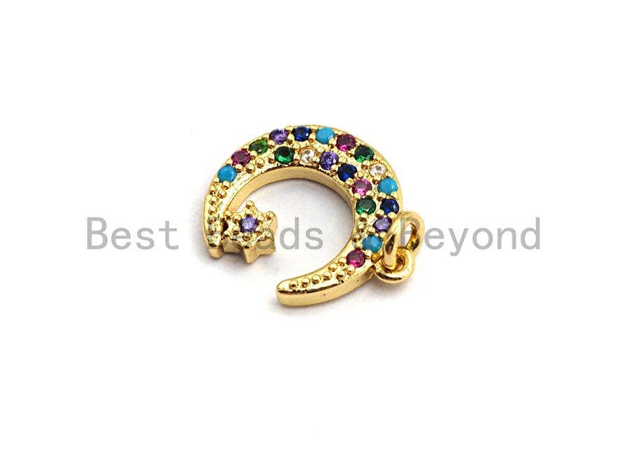 Gold plated CZ colorful micro pave moon and star pendant, 12x14mm, moon star-shaped charm for jewelry making.