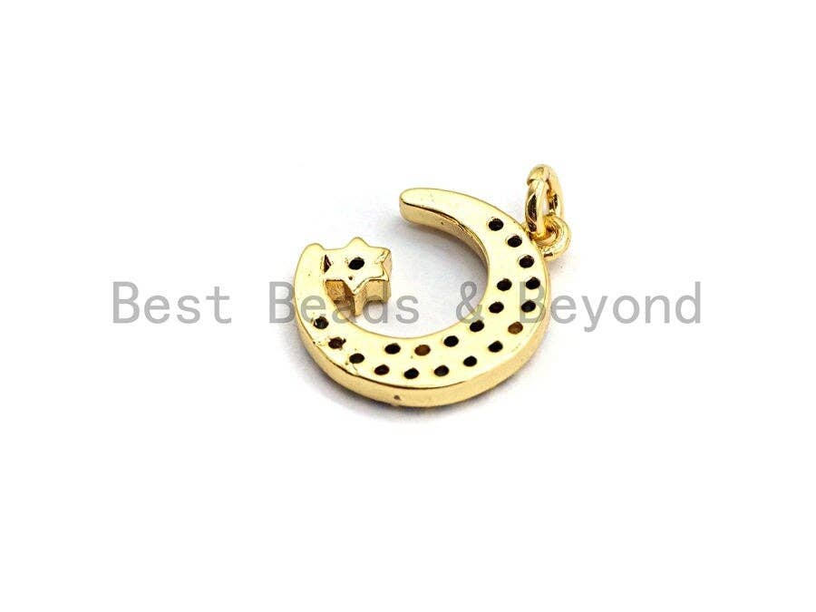 Gold plated CZ colorful micro pave moon and star pendant, 12x14mm, featuring sparkling pave detailing and celestial design.