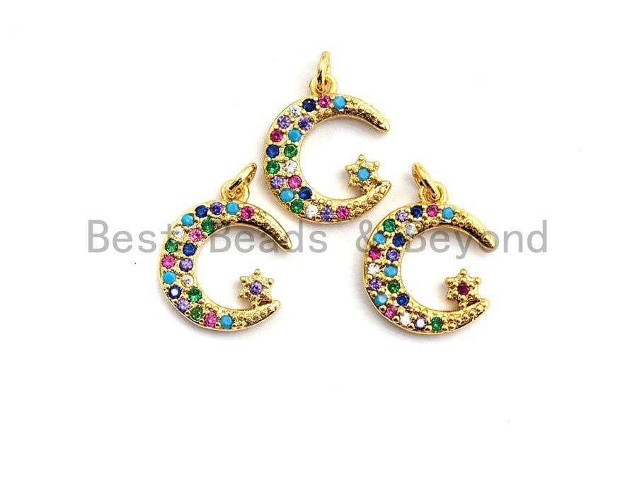 Gold plated CZ colorful micro pave moon and star pendant, 12x14mm, moon star-shaped charm for necklaces or bracelets.
